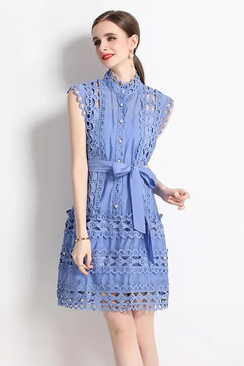 Magnificent & Exquisite Crochet Hollow Lace Dress, Mock Neck, Belted, Delicate A-line Prom, Party, Wedding Guest Dress